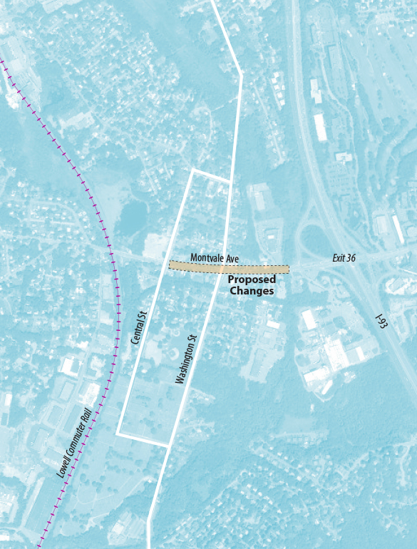Map showing the Montvale Avenue project from Central Street to Washington Street in Woburn. 